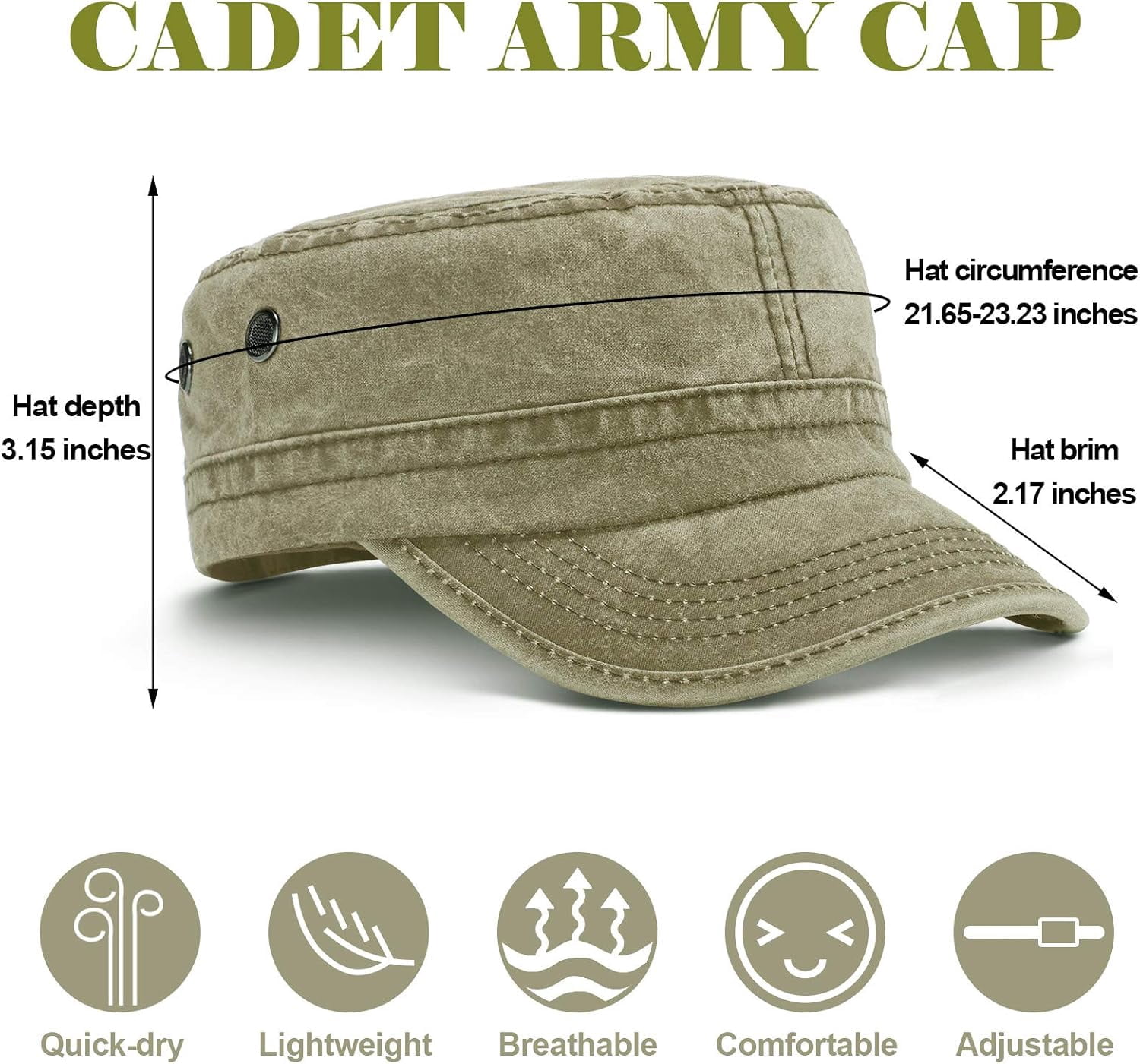 DOVACKA 3 Pieces Cadet Army Cotton Caps Washed Military for Flat Top Caps Adjustable Military Style Hat Unisex