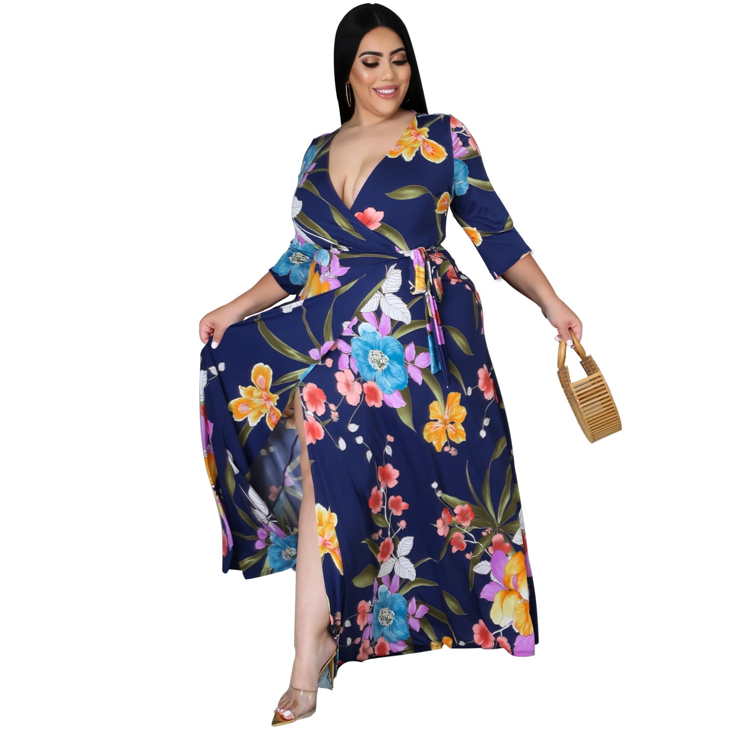 Runwind Plus Size Dresses for Women Floral Maxi Dress Flowy 3/4 Sleeve with  Belt