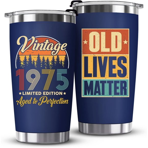 50th Birthday Gifts for Him, Her - 1975 50th Birthday Decorations - Funny 50 Year Old Gifts for Men, Women, Dad, Husband, Mom, Wife - Cool Turning 50 Ideas - 20oz Navy Tumbler Cup Gift Box