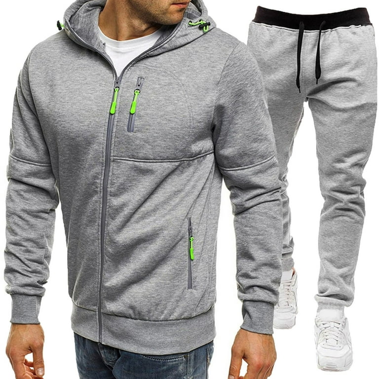 KaLI_store Slim Fit Suits for Men Men's 2 Piece Tracksuits Outfits-Long  Sleeve Casual Zip Polo Sweatsuits Set For Men Grey,M 