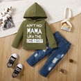 thumbnail image 3 of KIMI BEAR Toddler Boys Outfits 4T Infant Boy Fall Winter Outfits 5T Infant Boy AiN'T NO MAMA LiKe THE ONE I GOT Prints Long Sleeve Hoodie + Ripped Denim Pants 2PCS Set Green, 3 of 8