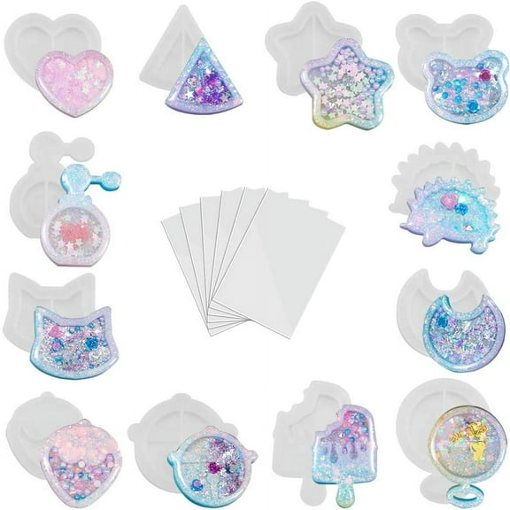 BUZIFU 12 PCS Quicksand Resin Moulds Set Resin Shaker Mould Silicone Hollow Jewelry Epoxy Mold Tray Casting Clear Necklace Pendant Mold with 6 PCS PVC Sheets for DIY Wand Oil Syringe Craft Jewelry