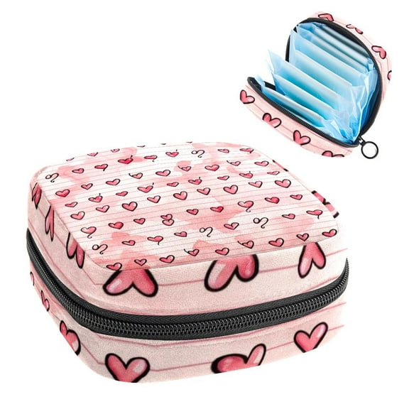Sanitary Napkin Storage Bag for Girls Women, Portable First Period Pads Bag Tampons Holder Girls Travel Makeup Bag, Large Capacity Heartbeat with Cute Heart Seamless Pattern