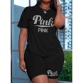 thumbnail image 2 of LovelyWholesale Women's Plus Size Rhinestone Pink Letter Shorts Set, 2 of 4