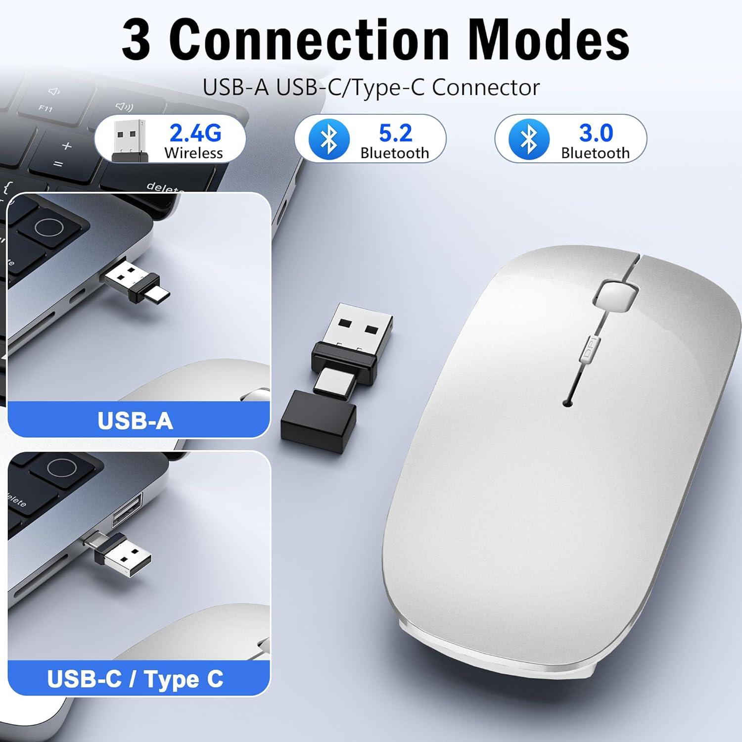Bluetooth Wireless Laptop for MacBook Air iPad Mac, 2.4G Rechargeable Computer with Jiggler Mode, Silent Optical 2 Mode Bluetooth 5.2/3.0 & 2.4G USB-A/Type C Portable Mice, Silver