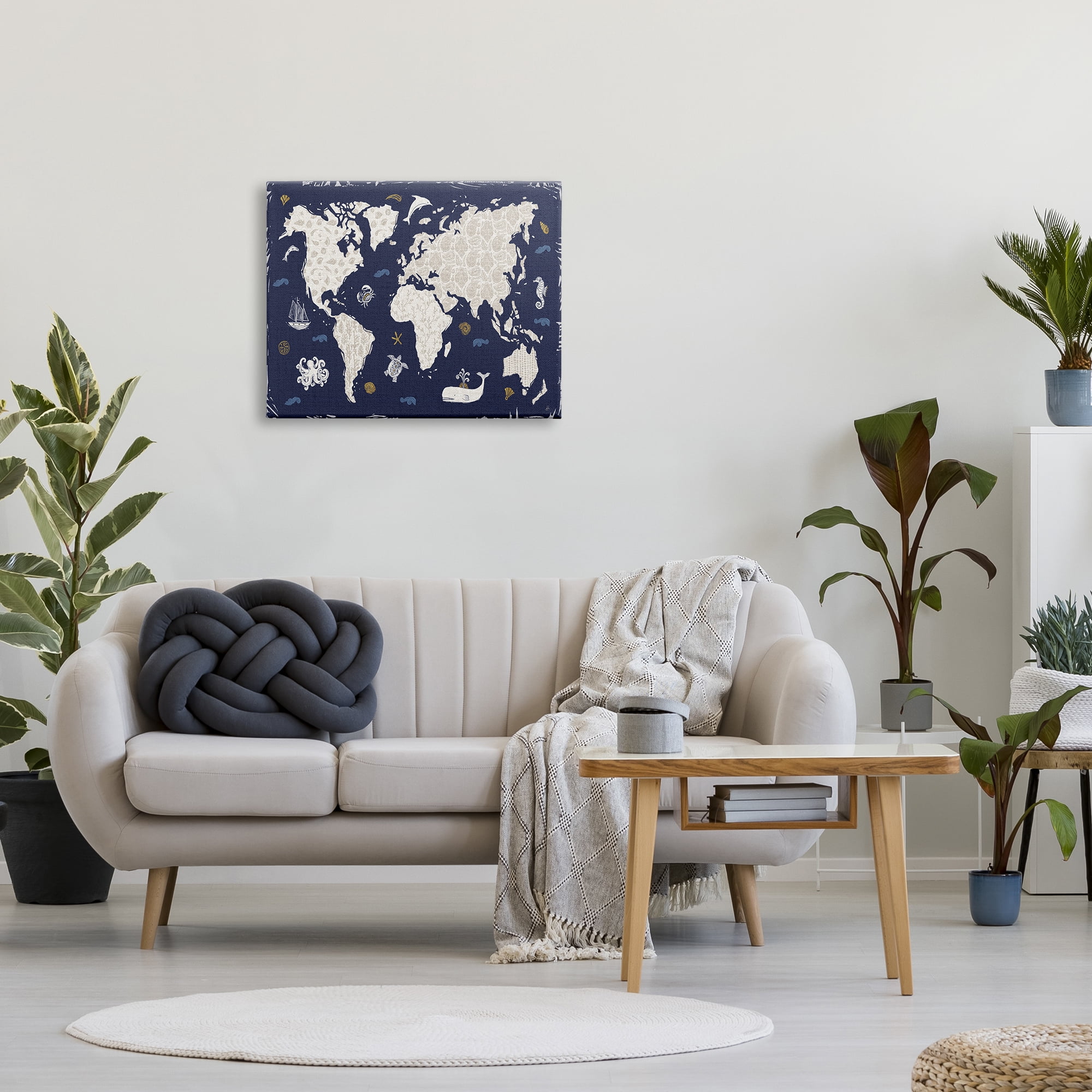 Stupell Industries Blue Patterned World Map Animals & Insects Painting Gallery Wrapped Canvas Print Wall Art, 30 x 24
