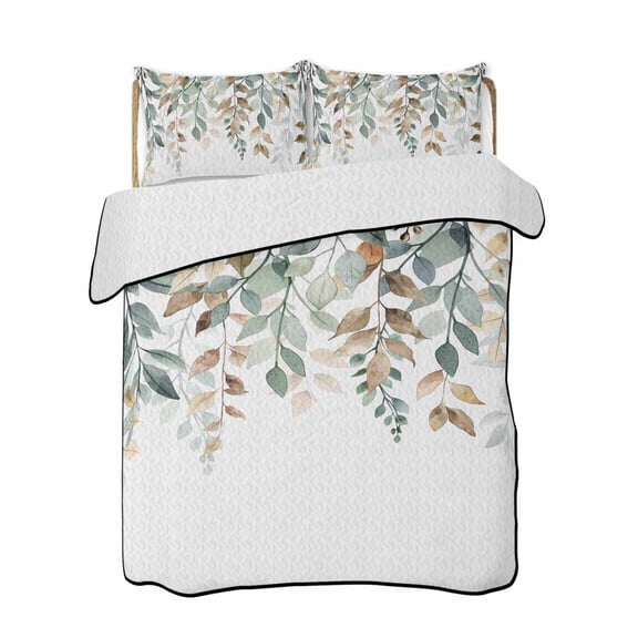 Green Brown Botanical Summer Quilt Set Queen Size, Soft Microfiber Quilted Bedding Set with 2 Pillow Shams, Farmhouse Eucalyptus Leaves Lightweight All Season Bedspread Coverlet for Bedroom 90"x96"