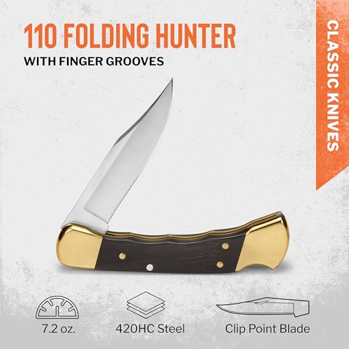 Buck Knives 110 Folding Hunter Knife with Grooves, 3-3/4" Hunting Knife Blade, Ebony Handle, 7.2 oz