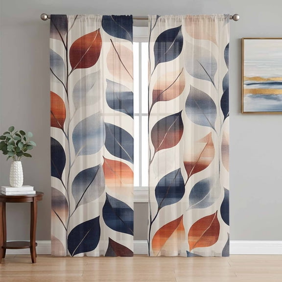 Navy Blue Burnt Orange Botanical Semi Sheer Curtains 84 Inch Length 2 Panels Set, Vintage Leaves Sheer Kitchen Curtain Privacy Voile Window Curtain for Living Room Bedroom Rod Pocket Drapes