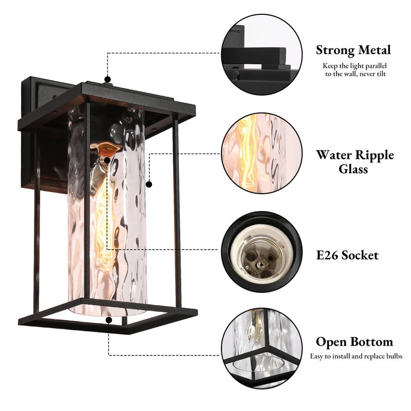 LNC Matte Black Outdoor Wall Light with Water Ripple Glass