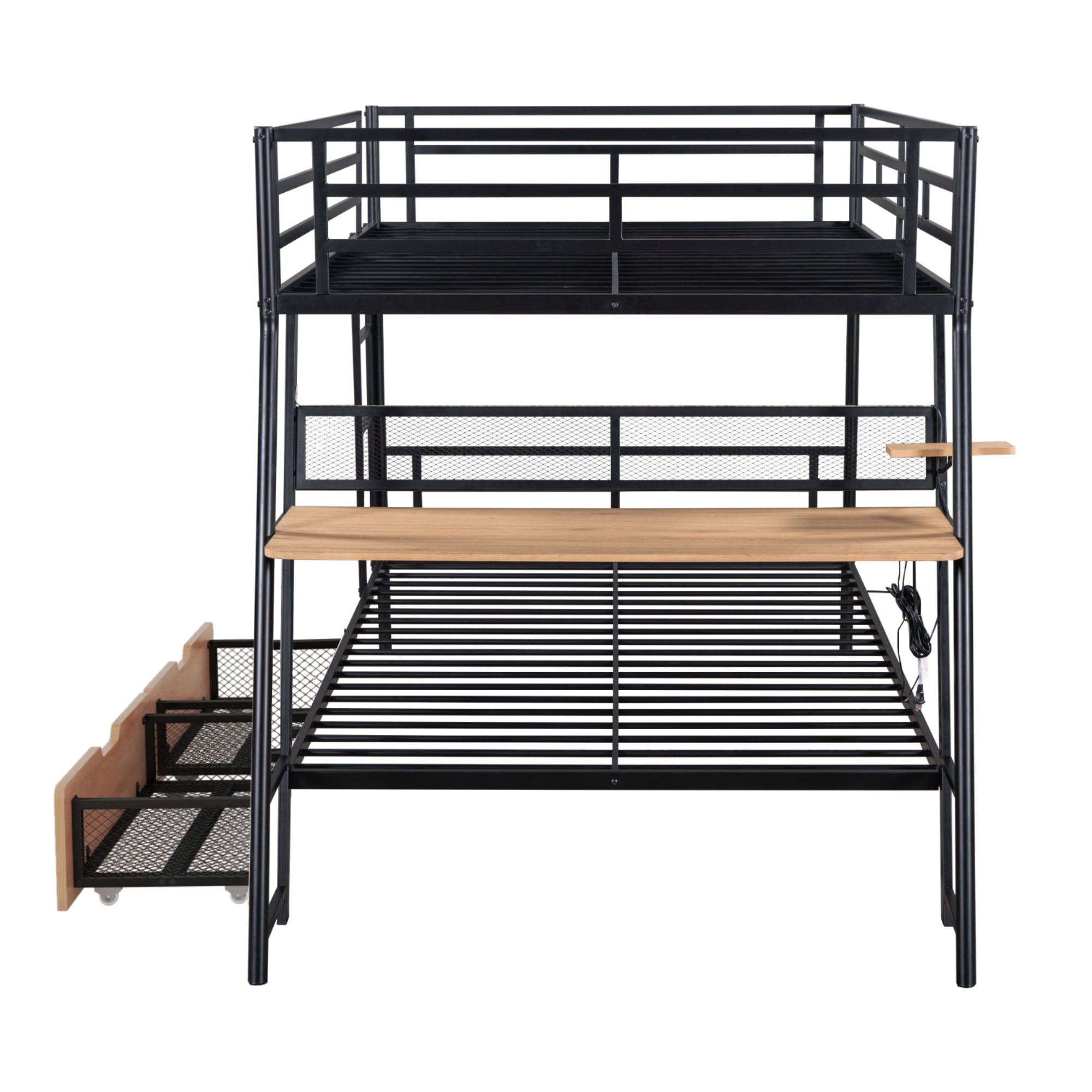 Euroco Metal Full over Full Bunk Bed with Desk and LED Light, Black