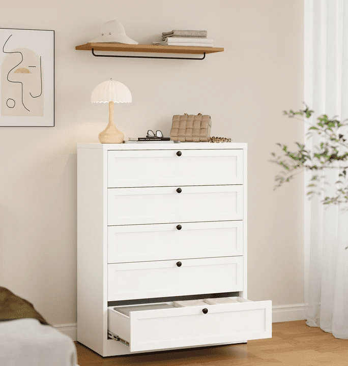 STANI 5 Drawer Dresser Storage for Bedroom, Metal Chest of Drawers Tall White Closet Organizers and Storage Clothes, 41" H Accent Storage Cabinet for Living Room, Entryway, Hallway