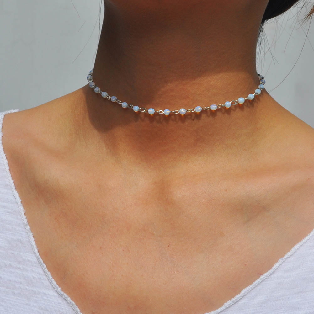 & Silver Bead Chain Necklace White Opalescent Handcrafted Champagne