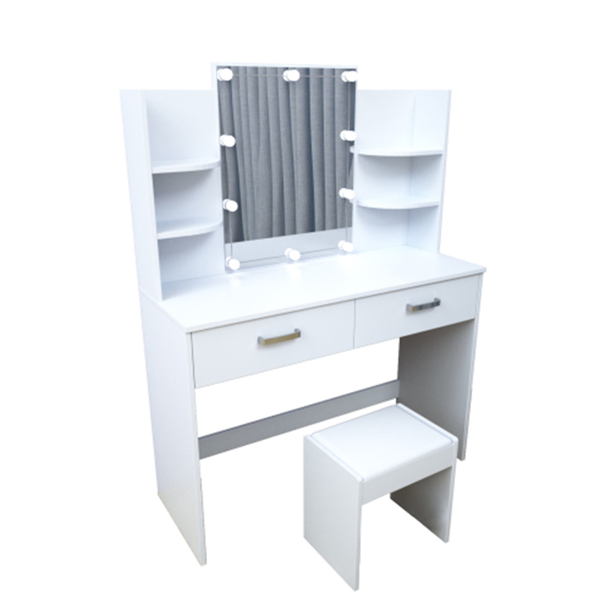 Kadyn Large Vanity Set, Vanity Table Set with 10 Light Bulbs, Makeup Vanity Desk with Cushioned Stool, 6 Storage Shelves 2 Drawers for Bedroom, White Kadyn Large Vanity Set, Vanity Table Set with 10 Light Bulbs, Makeup Vanity Desk with Cushioned Stool, 6 Storage Shelves 2 Drawers for Bedroom, White