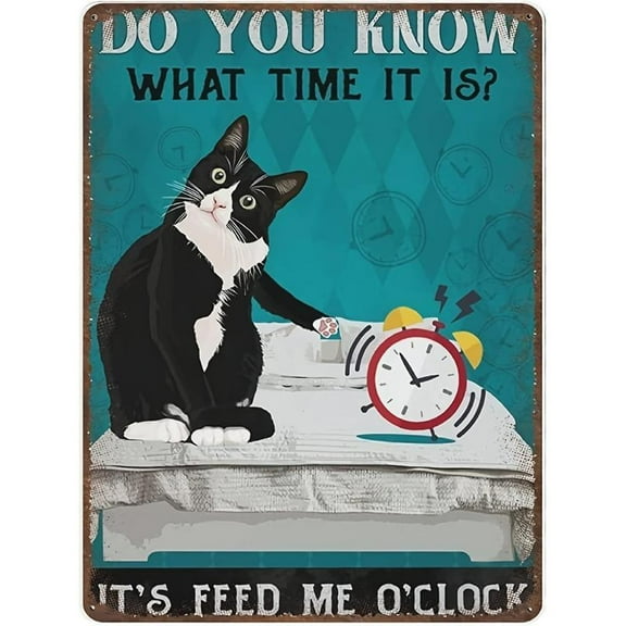 8x12inch Funny Tuxedo Cat 'Feed Me O'clock' Vintage Metal Sign - Wall-Mounted 12x8 Inches - For Home, Kitchen, Garage, Man Cave Decor - Perfect Gift for Cat Lovers & Home Decor Enthusiasts
