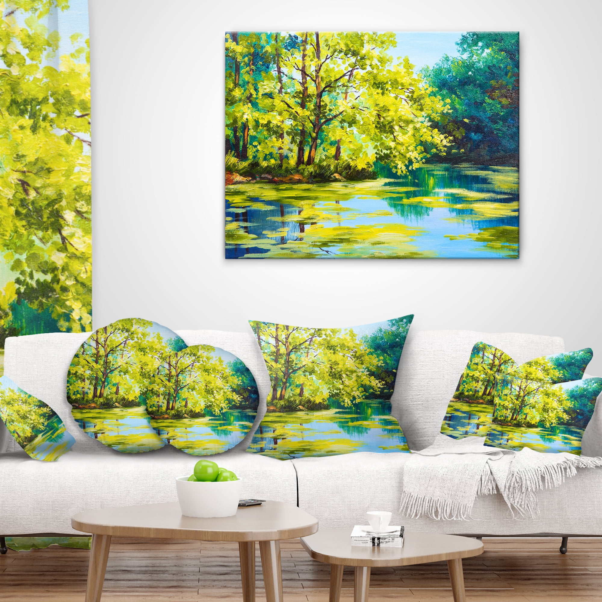Designart Blue Lake Under Green Tree - Landscape Painting Throw Pillow - 16x16