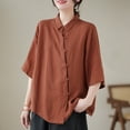 thumbnail image 1 of Prix Réduit, Blouse Décontractée à Manches Courtes pour Femmes Printemps/été, Col Rabattu, Couleur Unie, Coupe Ample pour un Confort Toute la Journée/60 % Coton, 40 % Lin, Orange, Sopatenor, 1 of 9