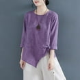 thumbnail image 4 of Lovskoo Cotton Linen Summer Tops for Women 2024 Round Neck 3/4 Sleeve Spring Casual Buttons Solid Color Blouse Loose Tops Purple, 4 of 5