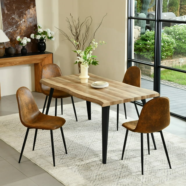Homy Casa Modern Industrial 5-Piece Dining Set for 4 for Dining Room, Faux Wood Walnut Live Edge Table with 4 Armless Chairs