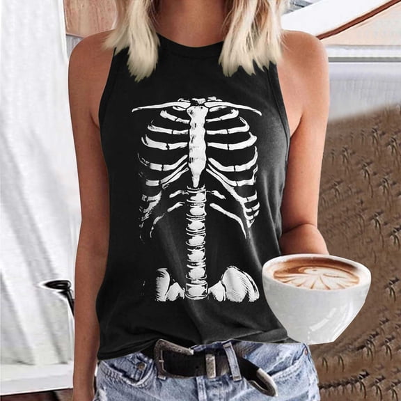 Trendfront Womens Skeleton Rib Cage Tank Tops Sleeveless Summer Crewneck Fashion T-Shirts Loose Fit Goth Clothes