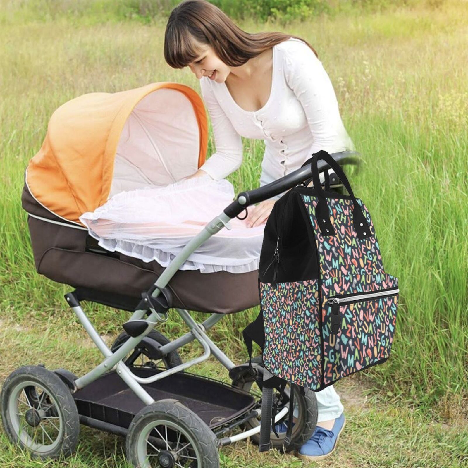 Ratiio Alphabet Mummy Backpack - Waterproof Twill Canvas, Large Capacity Diaper Bag with Multiple Pockets and Adjustable Straps
