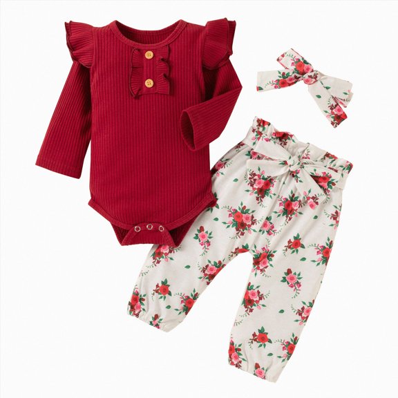 Splozh Baby Girl Clothes 3Pcs Toddler Girl Clothes Long Sleeves Ruffle Top Floral Pants Headband Fall Winter Outfits,Wine,6-12 Months