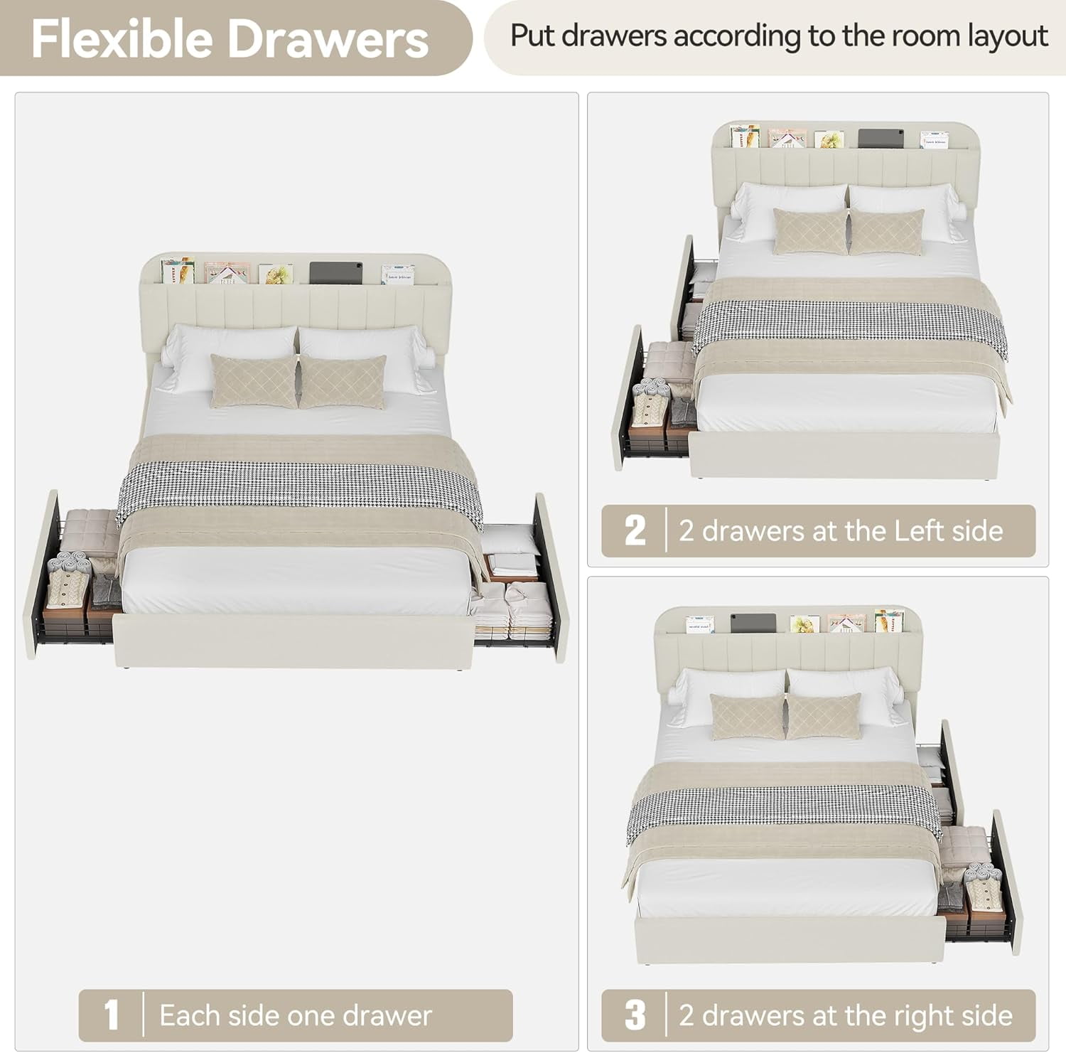 Huisuilinss Twin Size Bed Frame,Full Bed Frame With 2 Drawers,Storage Headboard,Boucle Upholstered Platform Bed Queen With Bookcase,Easy Assembly,No Box Spring Needed