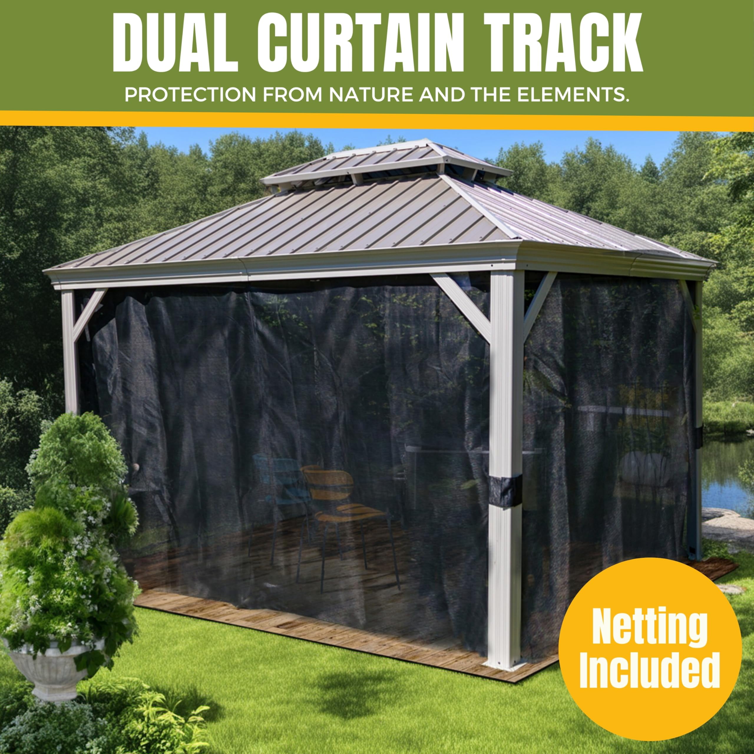 New Yard Hardtop Gazebo with Galvanized Steel Double Roof, Rustproof Aluminum Frame, Privacy Netting, and All-Weather Outdoor Shelter, Beige (12x12)