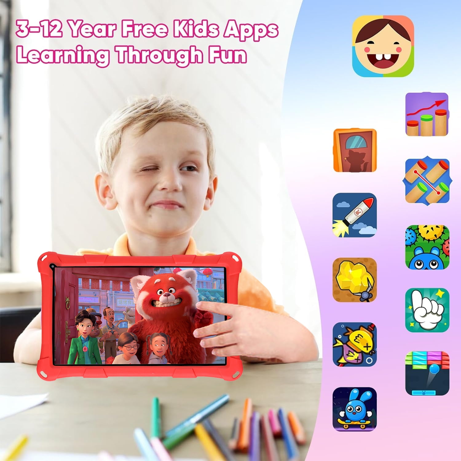 Thunrlge Kids Tablet, 7-Inch Kids Tablet, Android Tablet, 3+5 RAM 64GB ROM (TF CARD 256GB) Google Certified, Kids Software Pre-Installed, WiFi, Shockproof Case, Gift for kids, (Red)