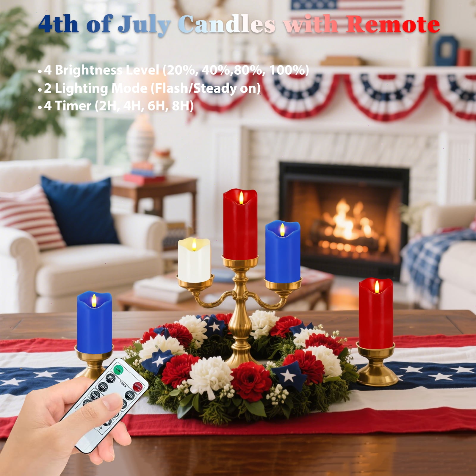 4th of July Flameless Candles, Set of 3 Patriotic LED Candles with Remote & Timer, Flickering Electric Pillar Candles Battery Operated, Red White Blue Candles for Home Independence Day Decor