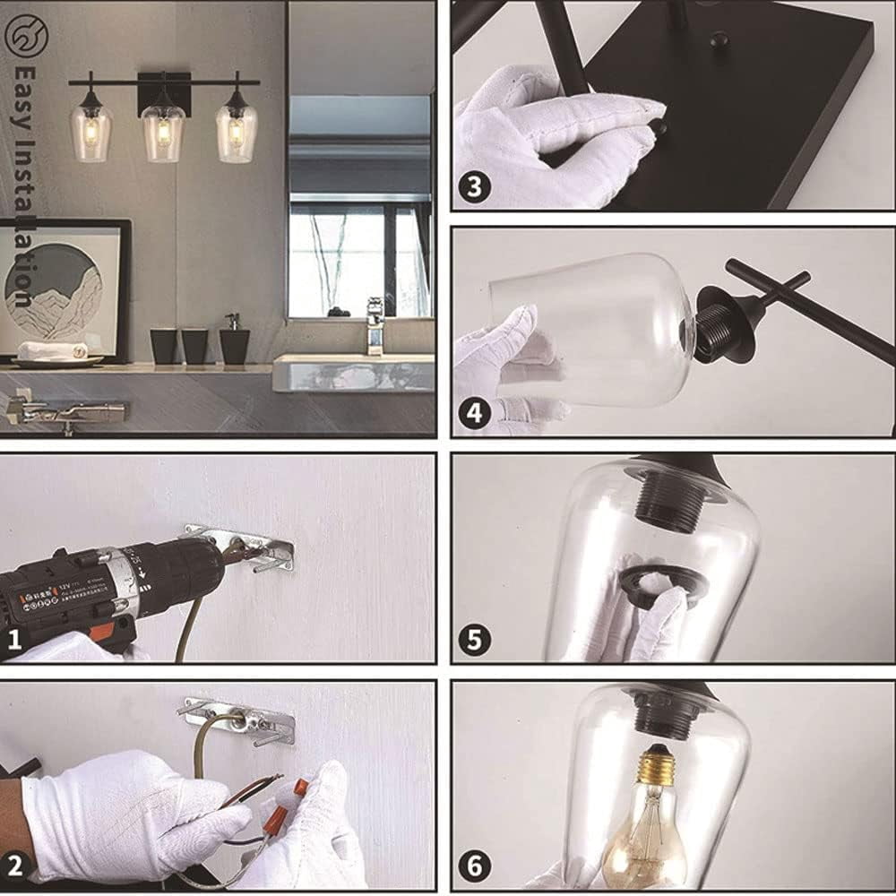 3-Light Vanity Lamp Bathroom Lighting Fixture, Vintage Matte Black Mirror Front Light, E26/E27 Wall Sconce Bath Wall Lamps with Clear Glass Shade Over Mirror Cabinet
