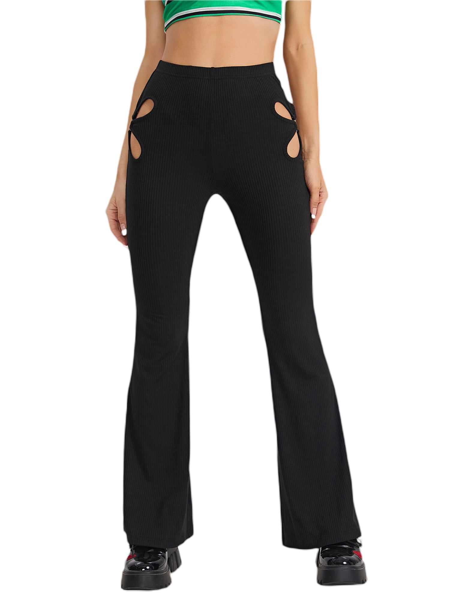 Women Skinny Flare Pants O Ring Cut Out Wide Leg Flared Pants High Waist  Rib Knit Trousers Night Out Pants