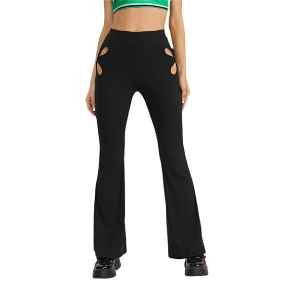 Women's High Waist Hollow Out Flare Pants Stretchy Cut Out Slim Fit Bell Bottomed Long Trousers