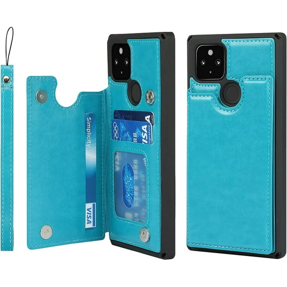 Pixel 4a 5G Wallet Case with RFID Blocking Card Holder,Double Magnetic Buttons Premium PU Leather Stand Flip Wrist Strap Back Cover Case for Google Pixel 4a 5G 6.2 Inch,Macaron Blue