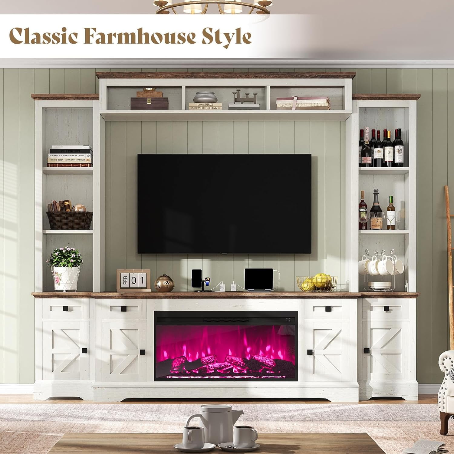 Merluxy 98" Farmhouse TV Stand with Fireplace, Entertainment Center, Bookshelf, Wall Unit Media Console with Power Outlets & Barn Doors, Off-White