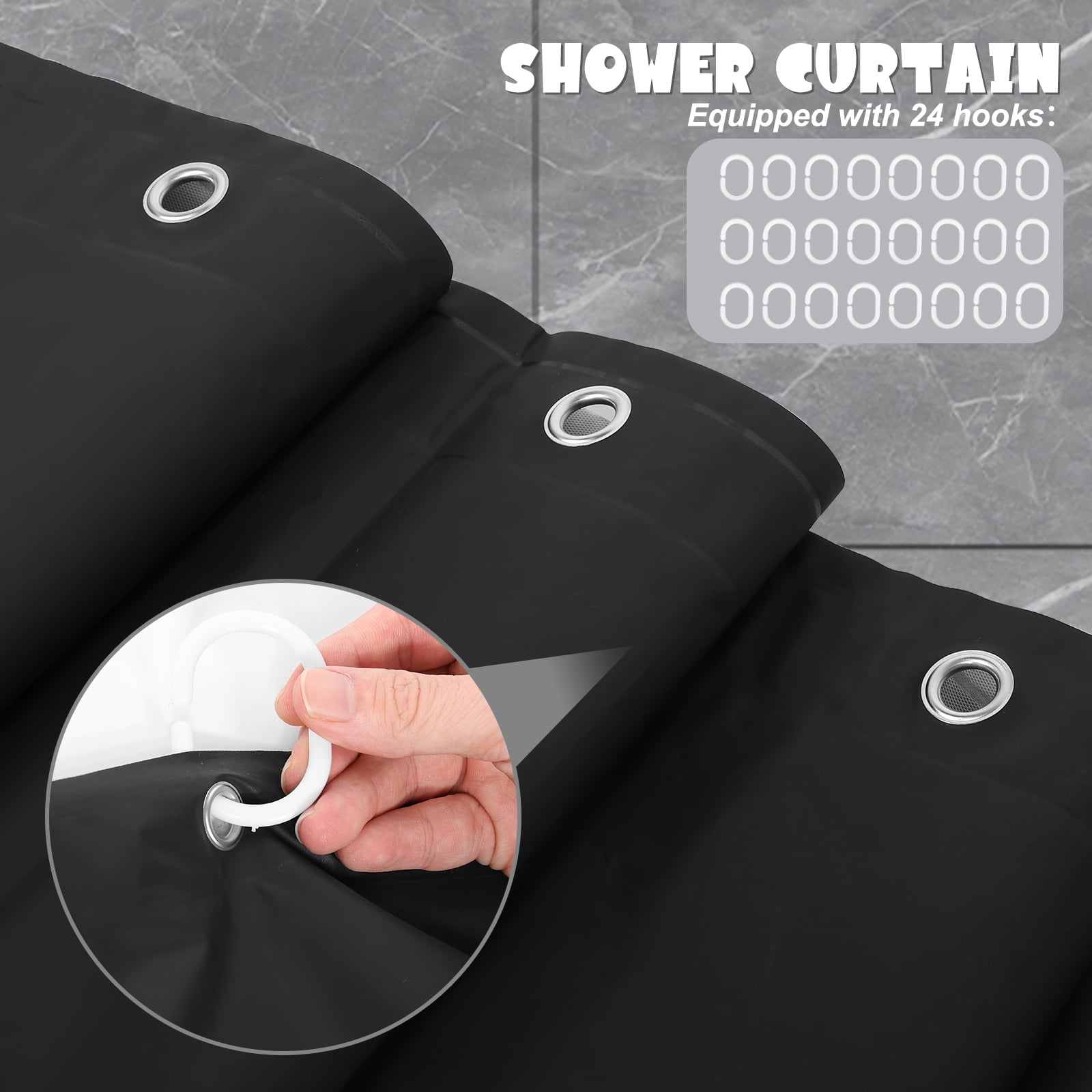 Dznils Black PEVA Shower Curtain Liner Bathroom with Hooks Mildew Resistant Waterproof, 72" W x 78" H, 2 Pack
