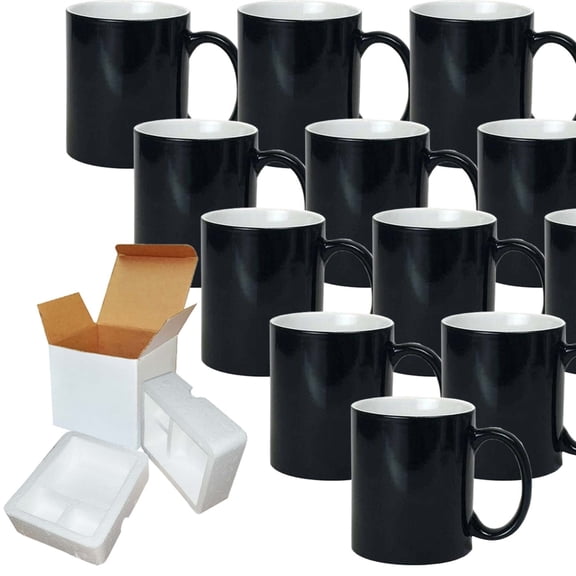 MUGSIE 12 PCS 11 oz. Color Changing Mug Glossy Black With Gift Mug Box. Mugs - Cardboard Box with Foam Supports Case of 12