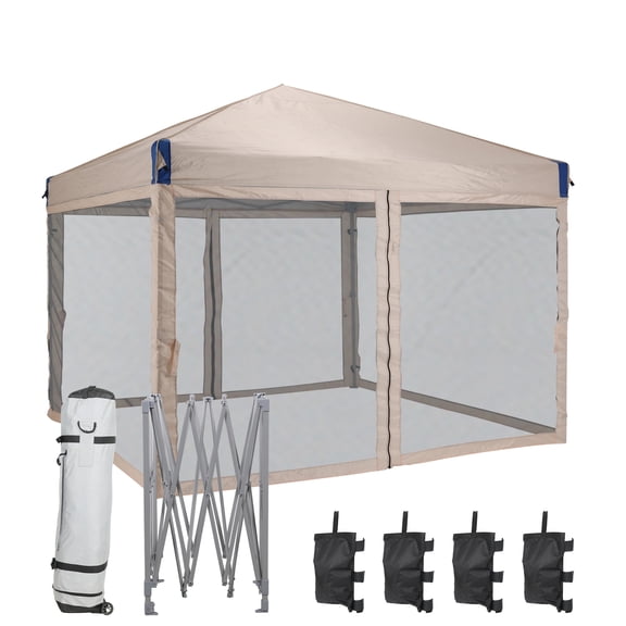 Aoodor 12'x12' Pop Up Canopy with Removable Mesh Sidewalls, Outdoor Portable Instant Shelter Tent-Beige