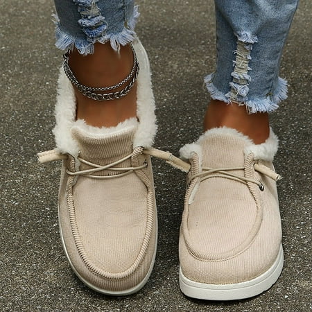Winter Plush Shoes for Women Faux Fur Lined Warm Loafers Booties Casual Lace Up Comfoter Ankle Boots Fuzzy Slip On Canvas Shoes