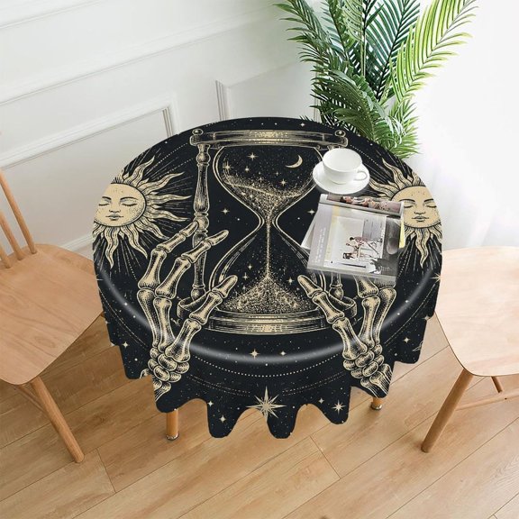 RKSupls 60 Inch Round Tablecloth, Skeleton Hands Hourglass Premium Polyester Straight Edge Wrinkle Resistant Washable Table Cover for Party Home Dining Decor
