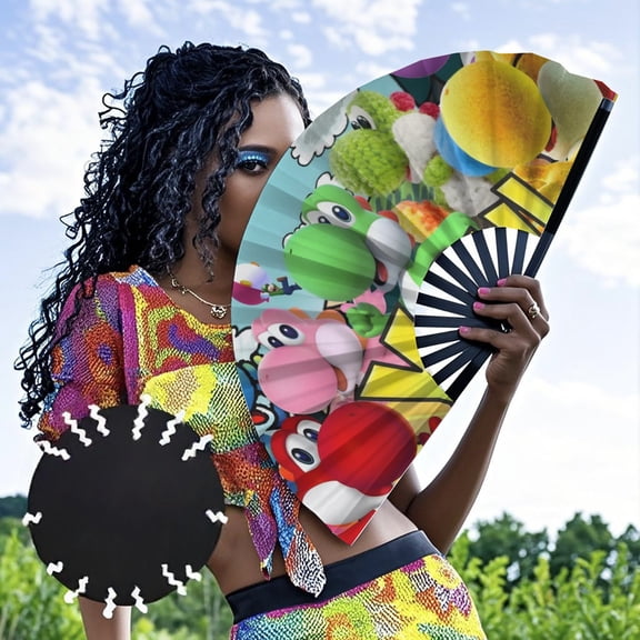 Yoshi-theme Folding Fan Chinese Fan Hand Polyester Foldable Fan Fans for Dancing Party Home Suitable for Home, Office, Party