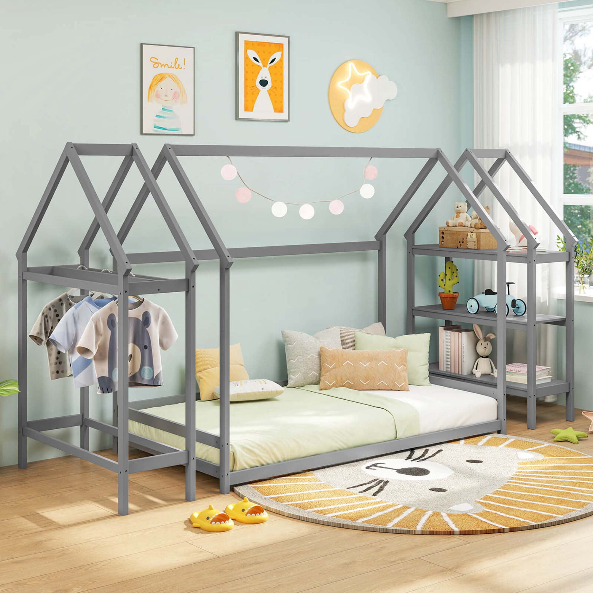 Costway Twin Size House Bed Montessori Floor Bed with Detachable Storage Shelves Gray