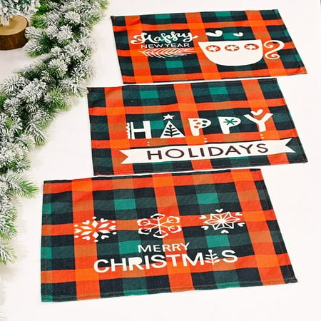 

Christmas Placemat Easy to Clean Wear Resistant Rectangular Merry Xmas Plaid Placemat for Party Purple Fabric