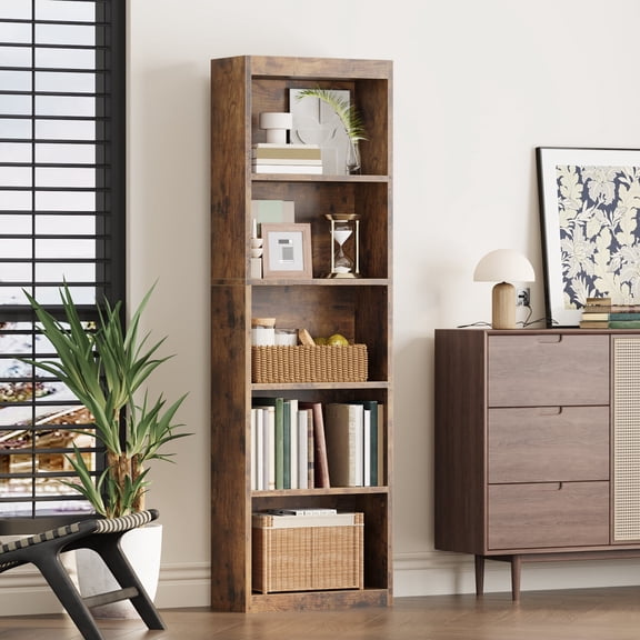 NEWSENDY Tall Bookshelf, 20 Inches Wide, 5-Tier Open Wooden Bookcase, Bookshelves and Bookcases with Storage Shelves, Freestanding Display Storage Shelves for Bedroom Library Home Office,Brown
