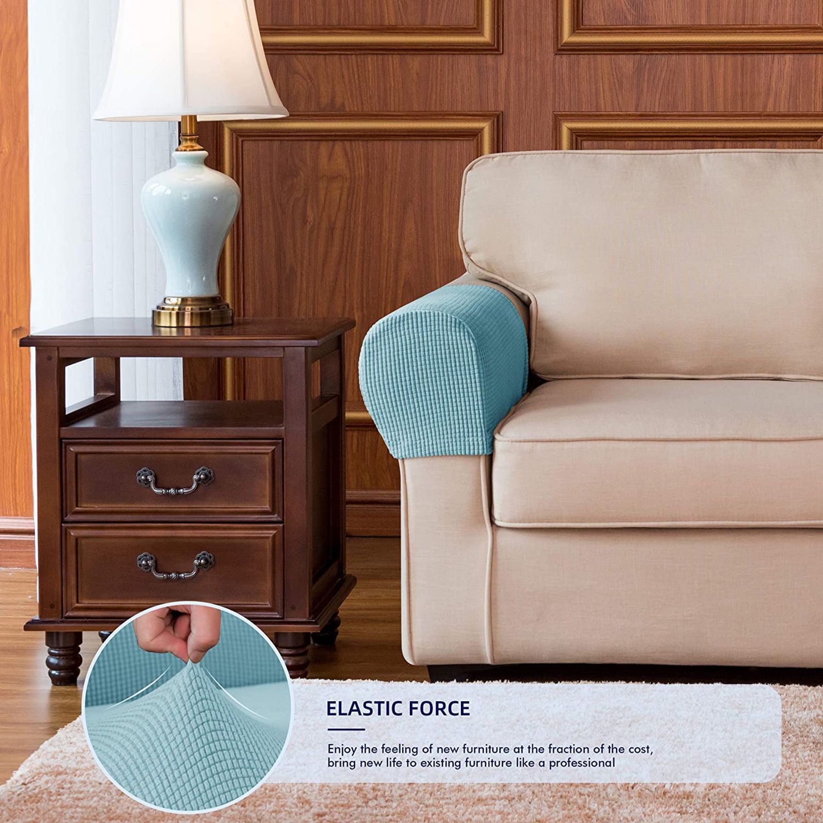 Stretch Armrest Covers, Anti-Slip Couch Arm Cover Spandex Armchair Slipcover for Recliner Sofa Washable Sofa Arm Protector with Twist Needle-Light blue-2 pcs