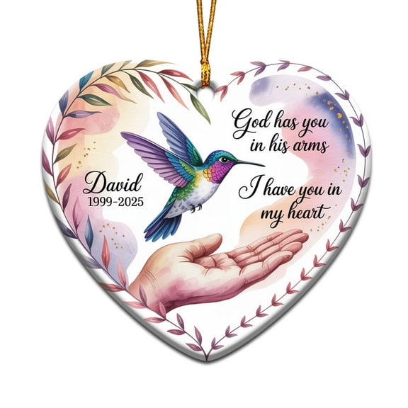 God Has You in His Arms I Have My Christmas Ornament, Custom Name Text Memorial Christmas Ornaments Gift for Lost Loved One, Hummingbird in Loving Memory Christmas Ornament Xm