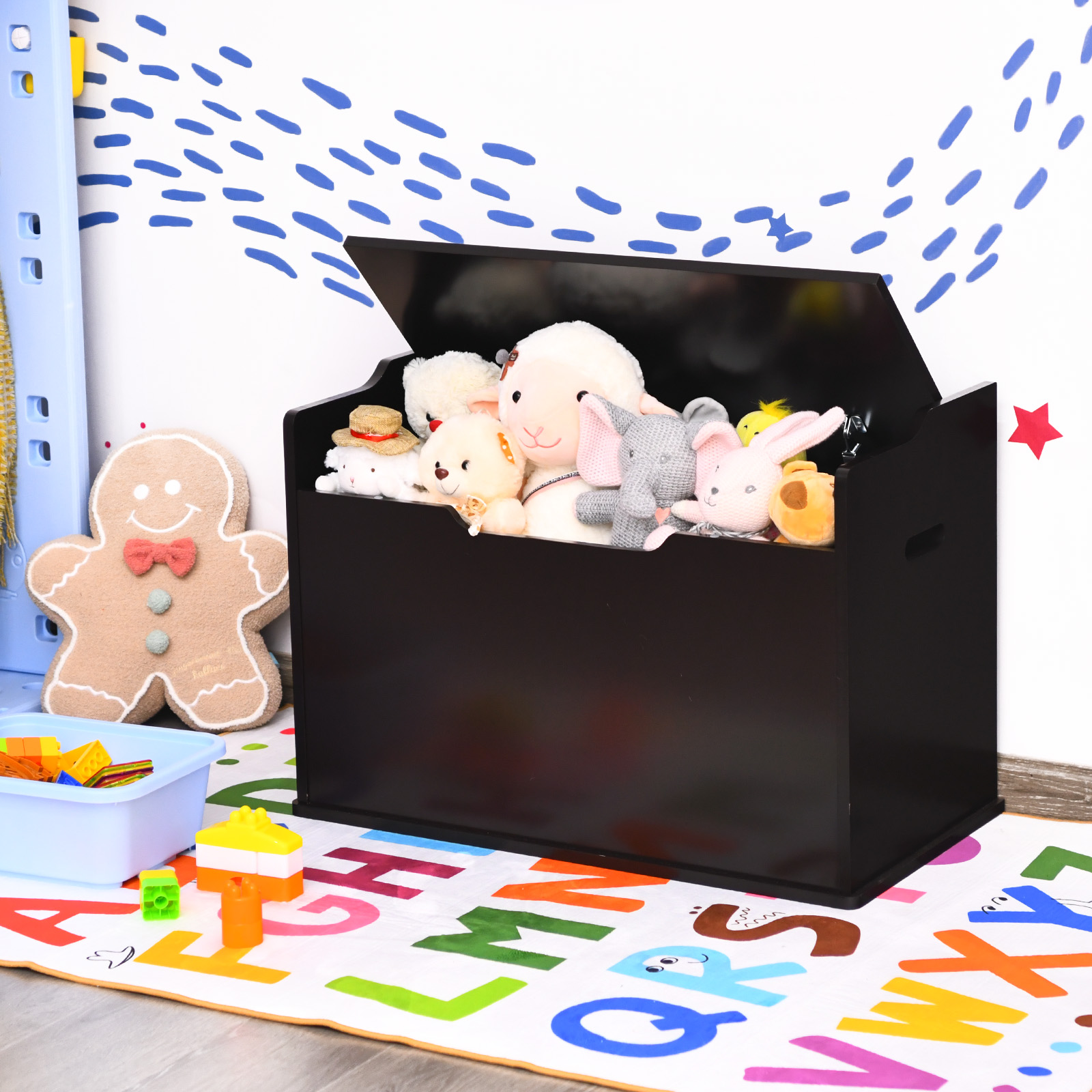 Infans Kids Toy Box Wooden Flip-top Storage Chest Bench W/ Cushion Safety Hinge