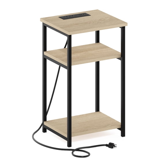 HomeStock Urban Upmarket 3-Tier USB and Type-C Charging Port Open Storage Side Table with Metal Frame, Bauhaus Oak