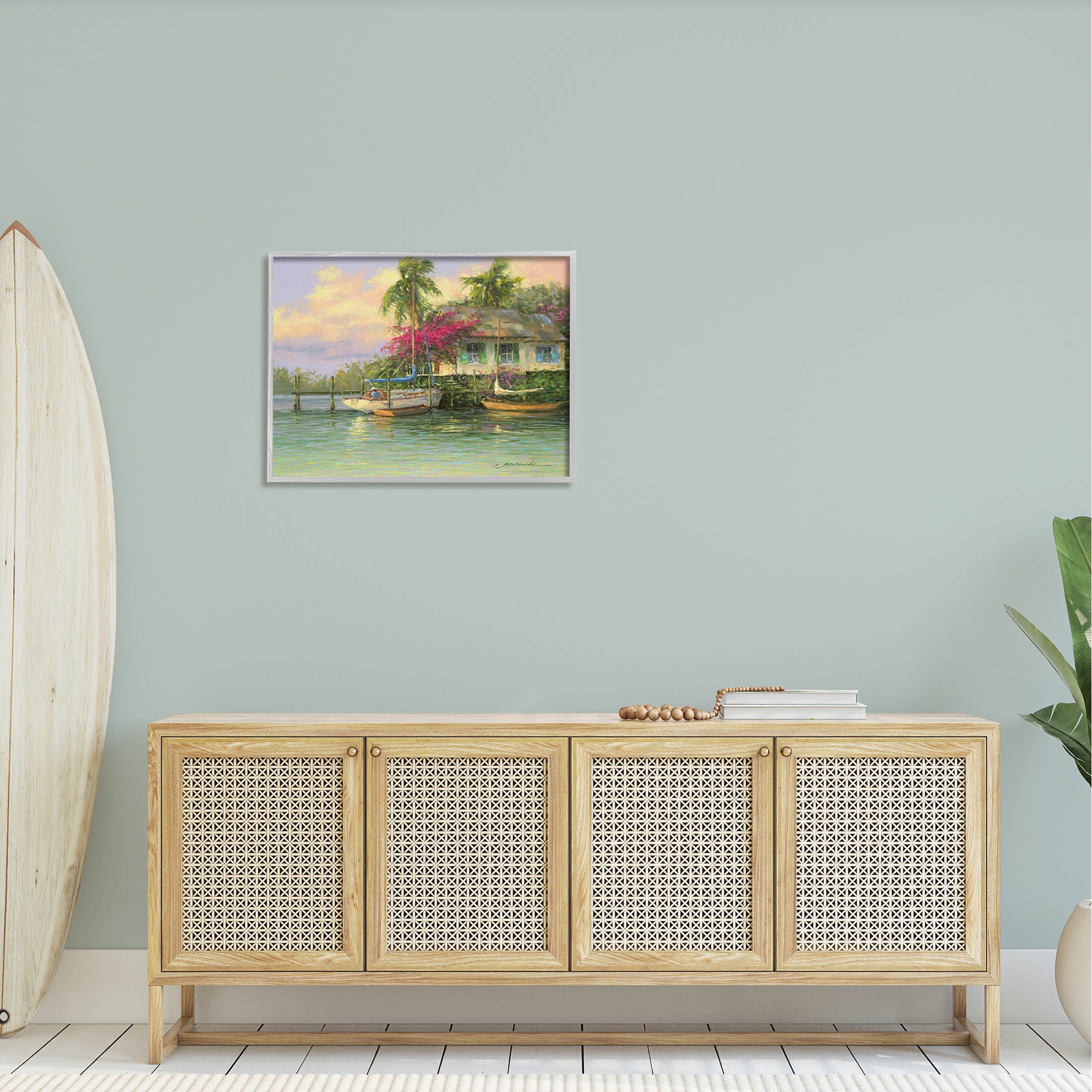Tropical Vacation Seaside House Landscape Painting Gray Framed Art Print Wall Art