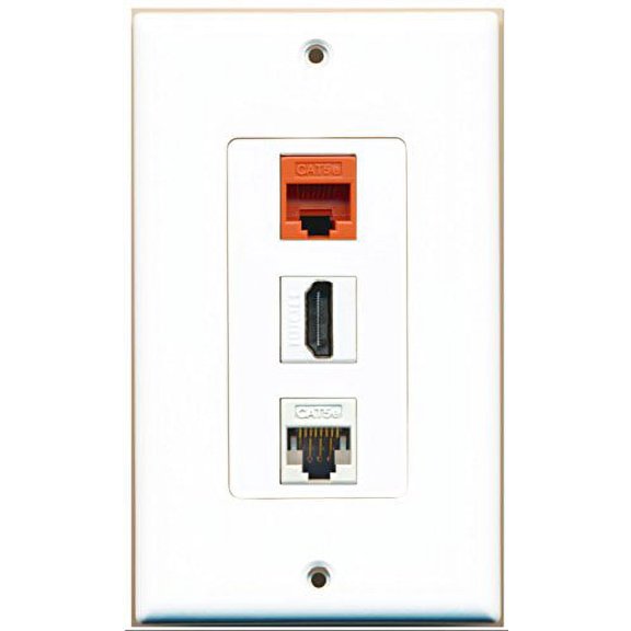 RiteAV - 1 Port HDMI 1 Cat5e Ethernet White 1 Cat5e Ethernet Orange Wall Plate Decorative